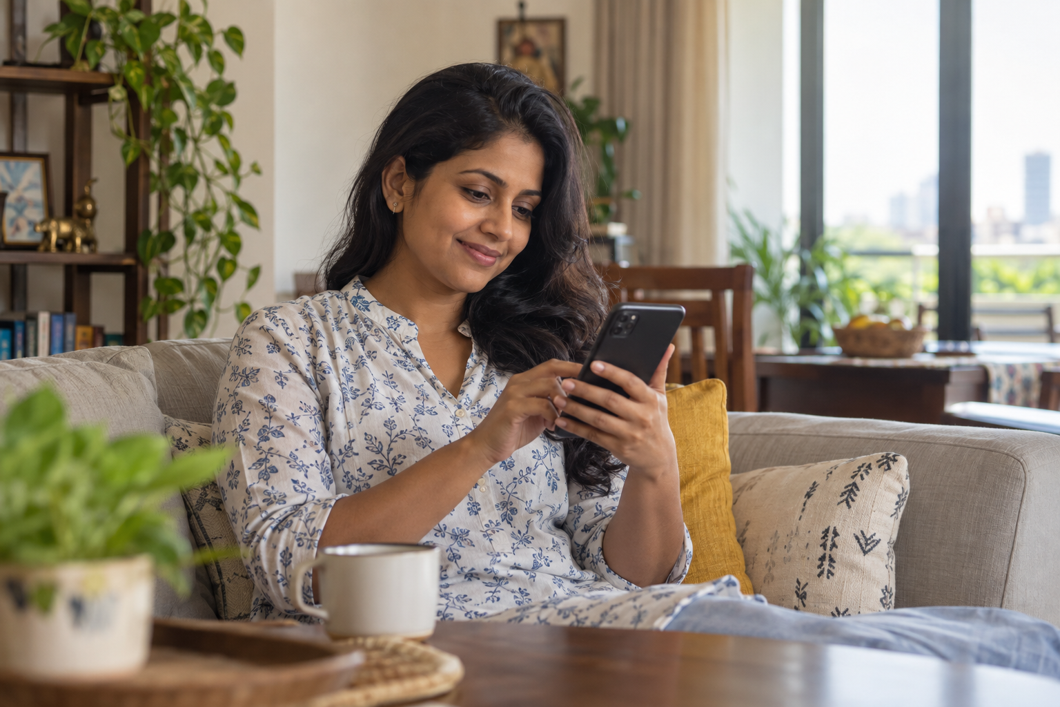 Sri Lankan patient using her mobile phone to chat with a doctor before booking
