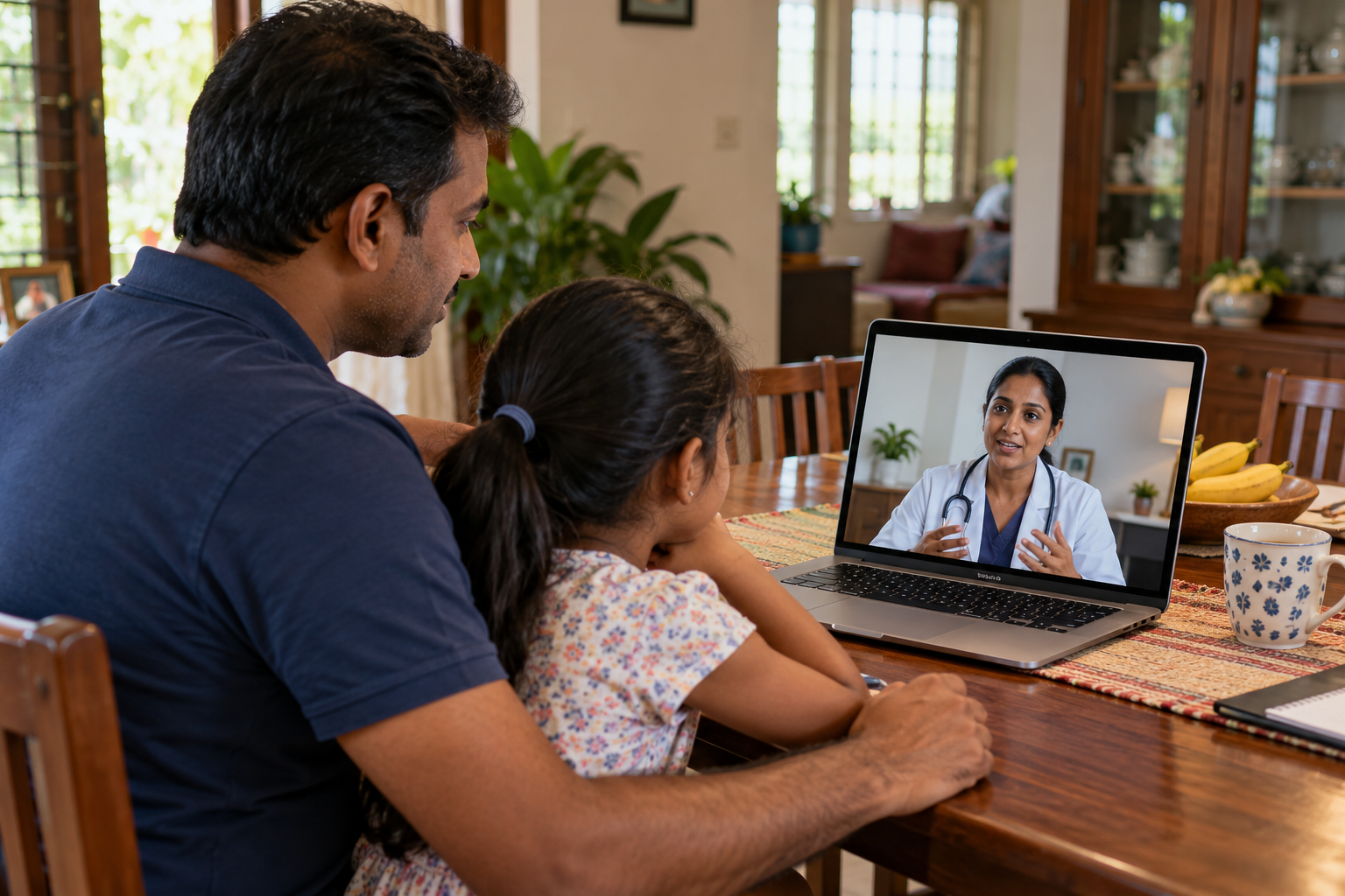 Sri Lankan father and daughter attending an online video consultation from home
