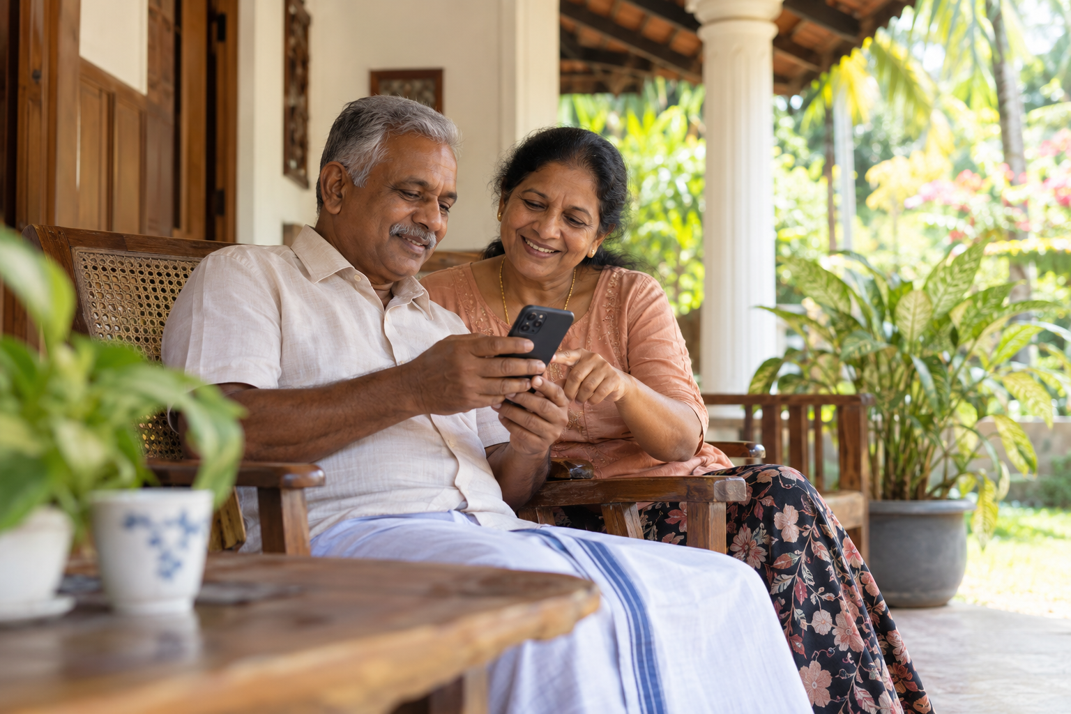 Older Sri Lankan couple creating their patient account together on a mobile phone